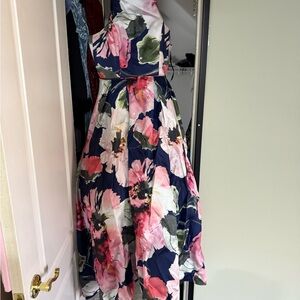 Floral Navy High-Low Prom Dress with Pink & Green Accents